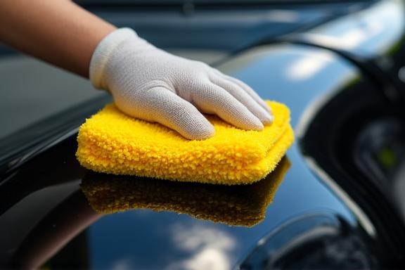 Professional detailer applying wax to a car hood